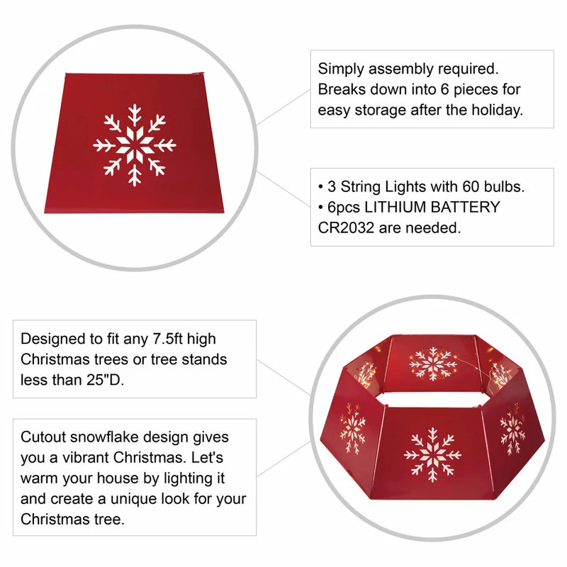 Brand new 😀 Glitzhome Red Hexagonal Metal Cutout Snowflake Tree Collar With Light String, 26"D 👏 - Image 7