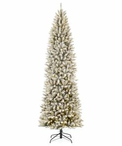 Best deal 😉 Glitzhome 9ft Pre-Lit Flocked Pencil Fir Artificial 🎄 Christmas Tree With 600 Warm Light ⌛