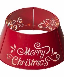 Coupon 👍 Glitzhome Red "Merry ❄ Christmas" Cutout Metal Tree Collar With Light String, 22" 💯