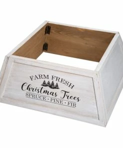 Hot Sale โญ Glitzhome Washed White Wooden Trapezoid Farm Fresh ๐ Christmas Trees Tree Collar, 26"L ๐ฏ