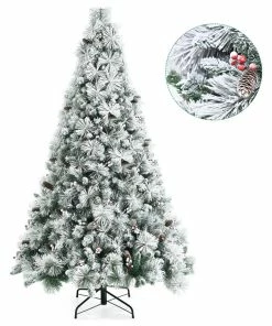 Cheapest 👍 Costway 7ft Snow Flocked 🎄 Christmas Tree Glitter Tips W/ Pine Cone & Red Berries 🎉