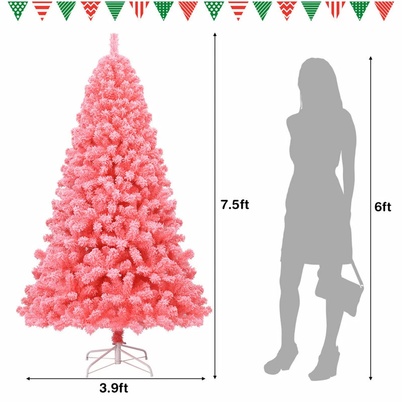 New π Costway 7.5ft Snow Flocked Hinged Artificial π Christmas Tree W/ Metal Stand Pink π - Image 5