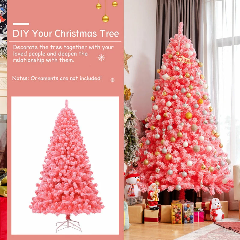 New π Costway 7.5ft Snow Flocked Hinged Artificial π Christmas Tree W/ Metal Stand Pink π - Image 4