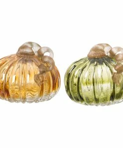 Coupon 🎁 Glitzhome Set Of 2 Green And Amber Crackle Glass Short Pumpkin 👍