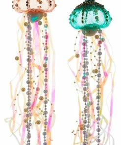 Discount 🤩 Kurt S. Adler, Inc. Kurt Adler Coastal Beaded Jellyfish Glass Ribbons Holiday Ornaments Set Of 2 🌟