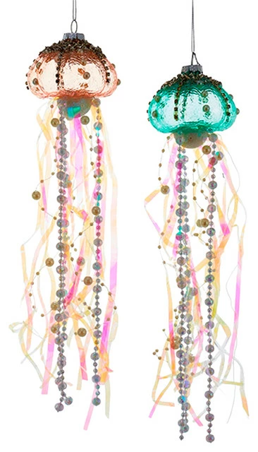 Discount 🤩 Kurt S. Adler, Inc. Kurt Adler Coastal Beaded Jellyfish Glass Ribbons Holiday Ornaments Set Of 2 🌟