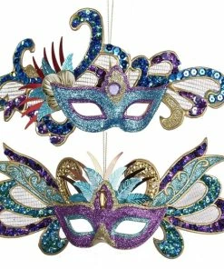 Promo 😍 Kurt S. Adler, Inc. Kurt Adler Carnival Mardi Gras Masks Glitter Holiday Ornaments Set Of 2 👍